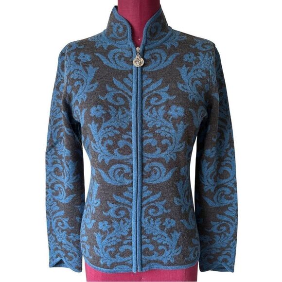 Neve Wool Paisley Full Zip Cardigan Sweater Size S Blue Charcoal Gray - Picture 1 of 10